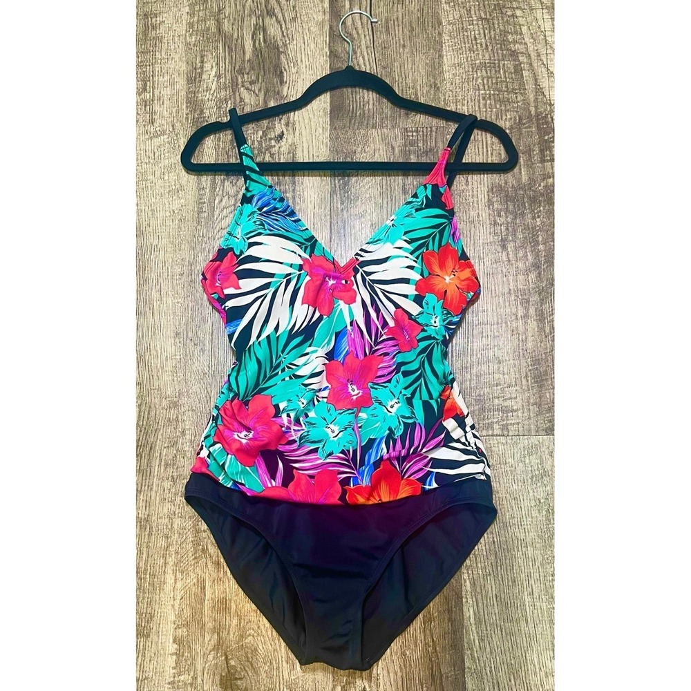 Jantzen Tropical Floral One Piece Swimsuit Women Size 8 Black Strappy‎ Back